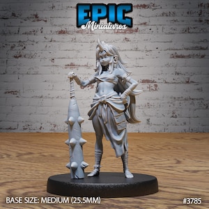 May include: A gray, unpainted miniature figurine of a female warrior with a horned headdress, holding a spiked club. The miniature is standing on a round base.  The base size is medium (25.5mm).  #3785