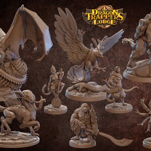 May include: A set of seven fantasy miniature figurines, painted in a muted brown color scheme. The figurines depict a variety of creatures, including a dragon, a griffin, a monkey, and a humanoid with multiple arms. The figurines are all standing on circular bases.