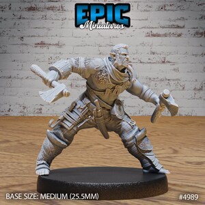 May include: A gray plastic miniature figure of a warrior with a beard and pointed ears, holding an axe and a hammer. The figure is standing on a black base. BASE SIZE: MEDIUM (25.5MM) #4989