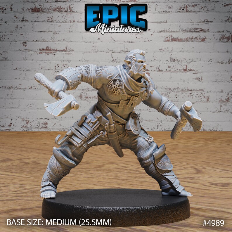 May include: A gray plastic miniature figure of a warrior with a beard and pointed ears, holding an axe and a hammer. The figure is standing on a black base. BASE SIZE: MEDIUM (25.5MM) #4989