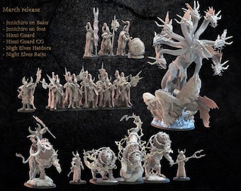 May include: A collection of miniature figurines, including a multi-headed dragon, a group of warriors, and several other fantasy creatures. The figurines are painted in shades of grey and white.