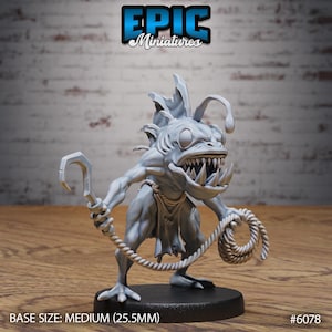May include: A gray miniature figure of a fish-like creature with sharp teeth, holding a hook and rope. The figure is on a black base, with the text "EPIC Miniatures" above. The base size is medium (25.5mm).