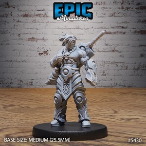 May include: Gray plastic miniature figurine of a warrior wearing armor and holding a sword. The miniature is standing on a black base. The base size is medium (25.5mm). #5430