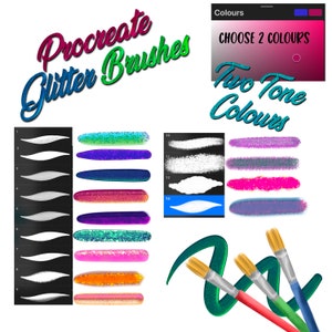 May include: Procreate Glitter Brushes, a set of 13 digital brushes for creating glittery effects in your artwork. The brushes are shown in a variety of colors, including pink, blue, green, and purple. The image also includes a text box that says "Choose 2 Colors" and "Two Tone Colors".