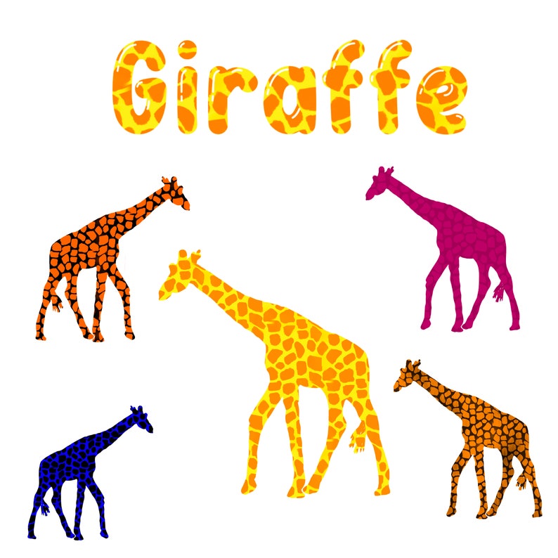 May include: Five giraffe silhouettes in different colors, including orange, pink, blue, and black. The word "Giraffe" is written in orange at the top of the image.