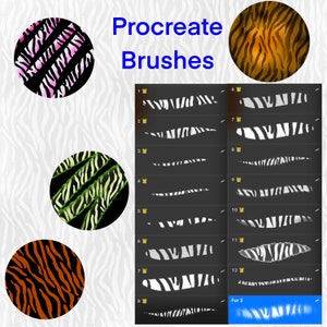 May include: Digital art brushes for Procreate, featuring various animal fur patterns. The image showcases a collection of brushes with zebra, tiger, and other animal print designs. The text "Procreate Brushes" is displayed in blue.