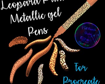 Może przedstawiać: Metaliczne długopisy żelowe w panterkę do Procreate. Długopisy są pokazane w różnych kolorach i są zaprojektowane tak, aby wyglądały jak panterka.