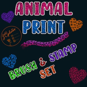 May include: A set of animal print brushes and stamps. The set includes a variety of colors and patterns, including leopard, cheetah, and zebra. The text "ANIMAL PRINT BRUSH & STAMP SET" is written in a colorful, playful font.