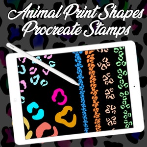 May include: A white tablet with a black screen displaying colorful animal print shapes. The text "Animal Print Shapes Procreate Stamps" is at the top of the screen. A white stylus is on the screen.
