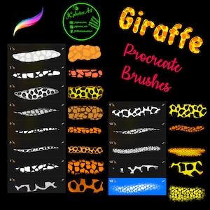 May include: A set of 13 Procreate brushes featuring giraffe patterns. The brushes are in black and white, orange, yellow, and brown. The brushes are arranged in rows with numbers 1 through 13. The text "Giraffe Procreate Brushes" is in orange and yellow.