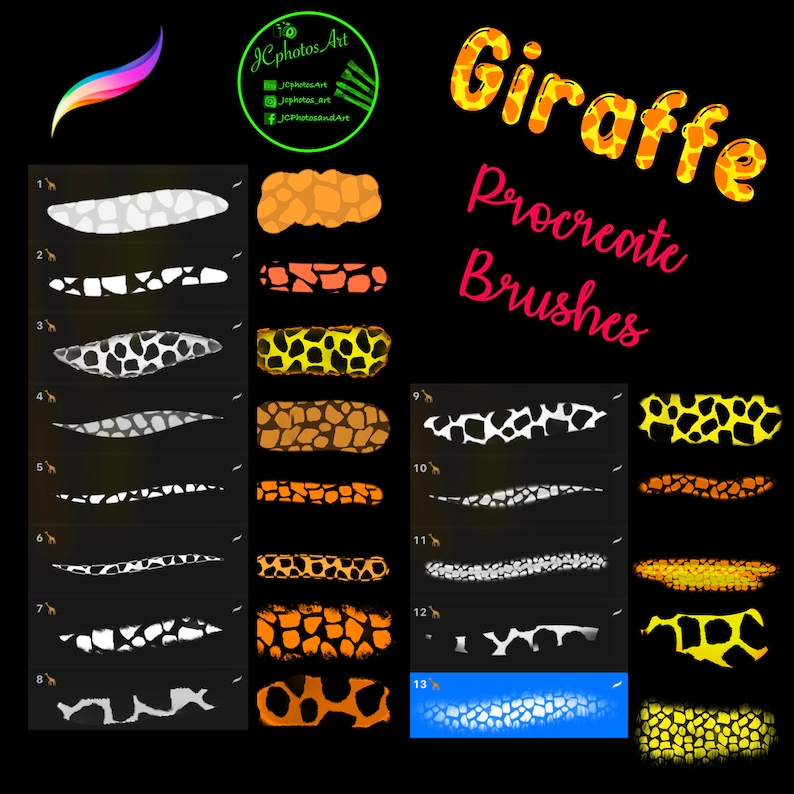May include: A set of 13 Procreate brushes featuring giraffe patterns. The brushes are in black and white, orange, yellow, and brown. The brushes are arranged in rows with numbers 1 through 13. The text "Giraffe Procreate Brushes" is in orange and yellow.