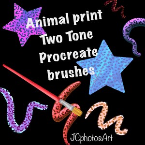 May include: A set of digital brushes for Procreate featuring animal print designs in two-tone colors. The brushes include stars, swirls, and paint strokes in pink, blue, orange, and brown.