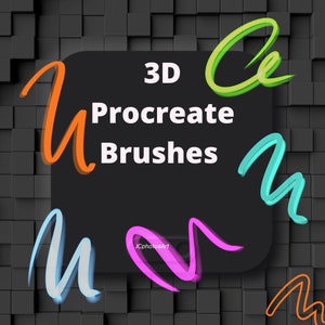 May include: 3D Procreate Brushes. A black square with the text "3D Procreate Brushes" in white. The square is surrounded by colorful 3D brush strokes in orange, green, blue, and pink.