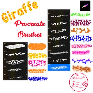 May include: Giraffe Procreate Brushes: A set of 13 digital brushes for Procreate, featuring various giraffe print patterns in different colors, including orange, yellow, pink, blue, and brown. The brushes are displayed on a black background with a white outline.