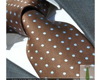 Men's Designer Brown Silk Tie with Blue Polka Dot