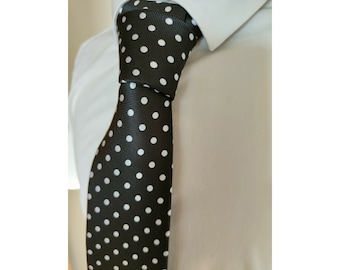 Men's Designer Black Silk Tie with Woven White Polka Dot
