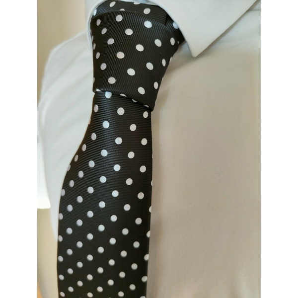 Men's Designer Black Silk Tie with Woven White Polka Dot