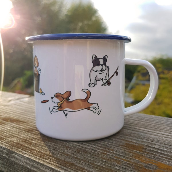 Enamel Mug Dogs Cute & Funny | Coffee Cup with Puppies | Dog Lovers | Camping Outdoor Travel | Campfire Cookware | Lightweight | Gift Idea