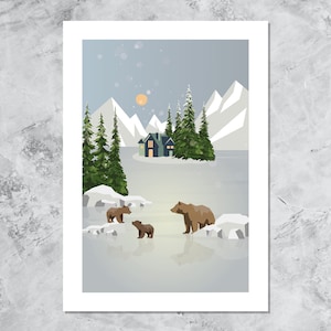 Cartel de oso de montaña, impresión de vivero, paisaje de invierno de Navidad, bosque, nieve, Canadá, impresión de oso de bebé, arte de pared, decoración, habitación de los niños