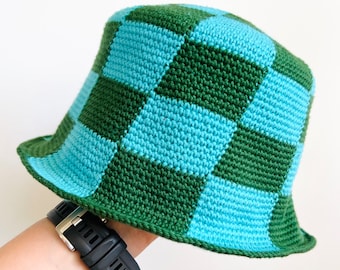 Checkered Crochet Bucket Hat, Summer Hat, Sun Crochet Hat, Unisex Bucket Hat, Boho Bucket Hat, Handmade Cotton Bucket Hat