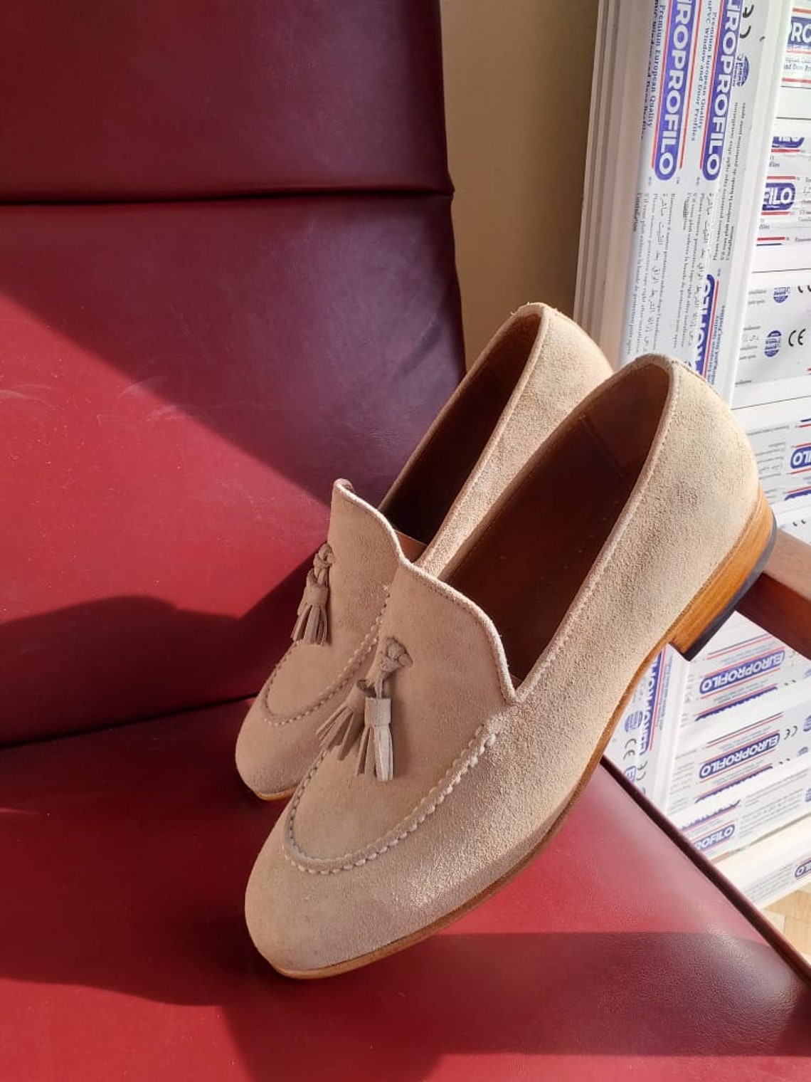 Handmade Men's Cream Suede Leather Loafer Slip On Tassel Etsy