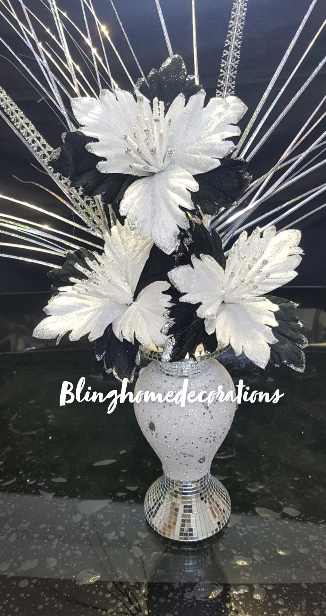 26cm Bling White Silver Vase With 3 Black White Flowers Etsy UK