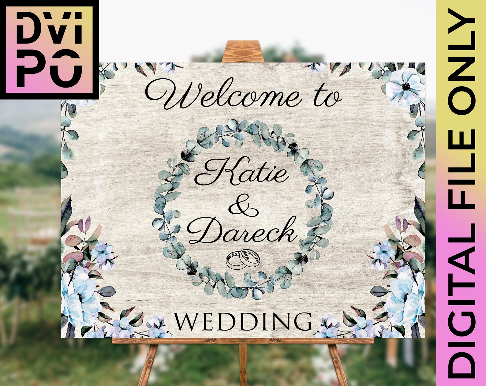 Rustic Personalized Wedding Poster With Floral Wreath, Wooden Wedding
