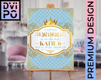 Royal Baby Shower Welcome Sign Boy, Little Prince Baby Shower Poster, Blue Gold Baby Decor, Prince Theme Party, Digital Download