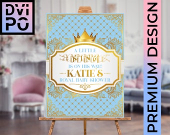 Royal Baby Shower Poster with King Crown in Baby Blue, Little Prince, Welcome Sign, Digital File