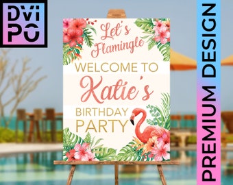 Let's Flamingle Pool Birthday Party Poster In Tropical Floral Theme, Digital File