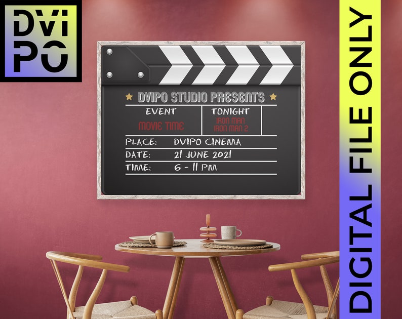 Cinema Movie Night Party Poster Clapperboard, Film Festival, Movie Take Board, Action, Promotional Banner, Movie Time Birthday, Digital File image 2