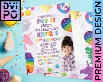 Fidget Birthday Party Invitation With Photo, Bubble Toy Kids Birthday Invite, Rainbow Sensory Party Theme, Personalized Invite, Digital File