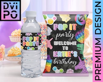 Fidget Birthday Party Chips Bag and Water Bottle Label, Bubble Fidget Toy Party Favor Snack Bag, Kids Rainbow Birthday Decor, Digital File