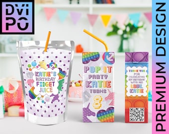 Fidget Birthday Party Juice Pouch Labels, Bubble Fidget Toy Drink Label, Kids Party Label, Rainbow Birthday Party Decor, Digital File