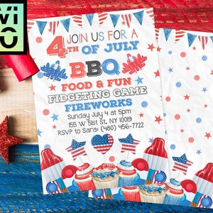 May include: A 4th of July BBQ invitation with red, white and blue stars, fireworks and cupcakes. The invitation says "Join us for a 4th of July BBQ, Food & Fun, Fidgeting Game, Fireworks".