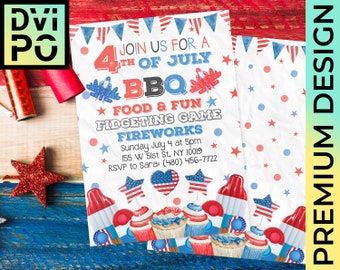4th of July Invitation, Independence Day BBQ Party Invite, Patriotic Birthday Party, Red White Blue Party Invite, Digital Download