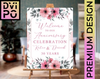 Wedding Anniversary Welcome Sign, Floral Anniversary Poster, 10th 20th 30th Years of Marriage Celebration, Anniversary Sign, Digital File