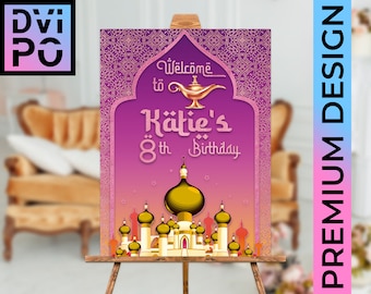 May include: A purple and gold welcome sign for a child's 8th birthday party. The sign features a genie lamp, a castle, and the text "Welcome to Katie's 8th Birthday".