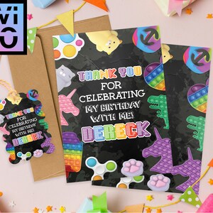Push Bubble Fidget Spielzeug Geburtstagsparty Persanolisierte Dankeskarte, Favor Tag, Simpl Grübchen, Regenbogen Eis Einhorn Dinosaurier Digitale Datei