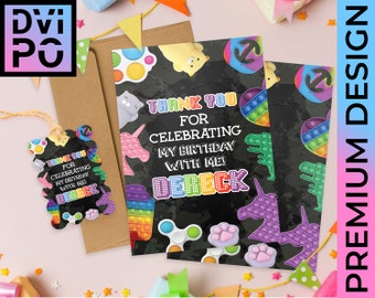 Fidget Birthday Party Thank You Card, Bubble Fidget Toy Kids Birthday Thank You Tag, Rainbow Birthday Party Favor Card, Digital File