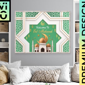 Eid Mubarak Ramadan Feier Poster in Grün, Blau und Gold, Eid Al Fitr, Willkommensschild, Digitale Datei