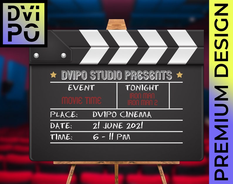 Cinema Movie Night Party Poster Clapperboard, Film Festival, Movie Take Board, Action, Promotional Banner, Movie Time Birthday, Digital File image 1