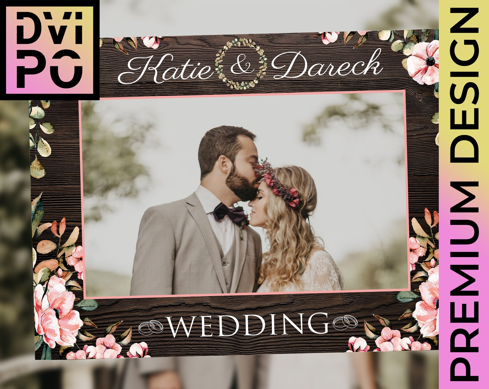Rustic Personalized Wedding Photo Booth Frame With Floral Wreath