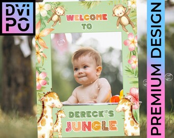 Safari Jungle Birthday Photo Booth Frame, Pink & Green Animals (Digital File)