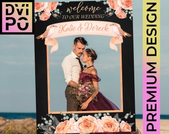 Personalized Wedding Photo Booth Frame with Birds and Peach Roses, Peach Marriage, Digital File