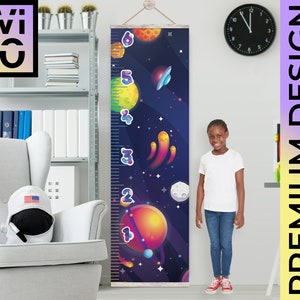 Dark Space Growth Chart SVG with Rainbow Planets and UFO, Kids Growth Ruler, Room Decor, Digital File