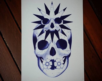 Original skull ballpoint pen drawing