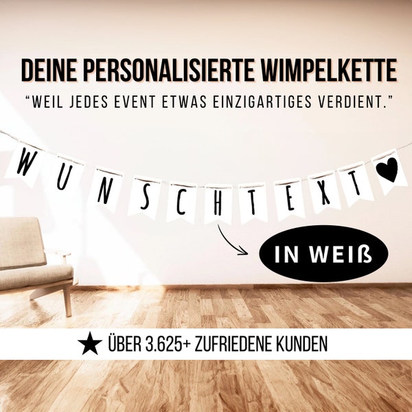 Wimpelkette personalisiert in Weiß, Girlande personalisiert mit Wunschtext - Deko Party Girlande aus weißem Papier, Konfirmation Deko, Taufe