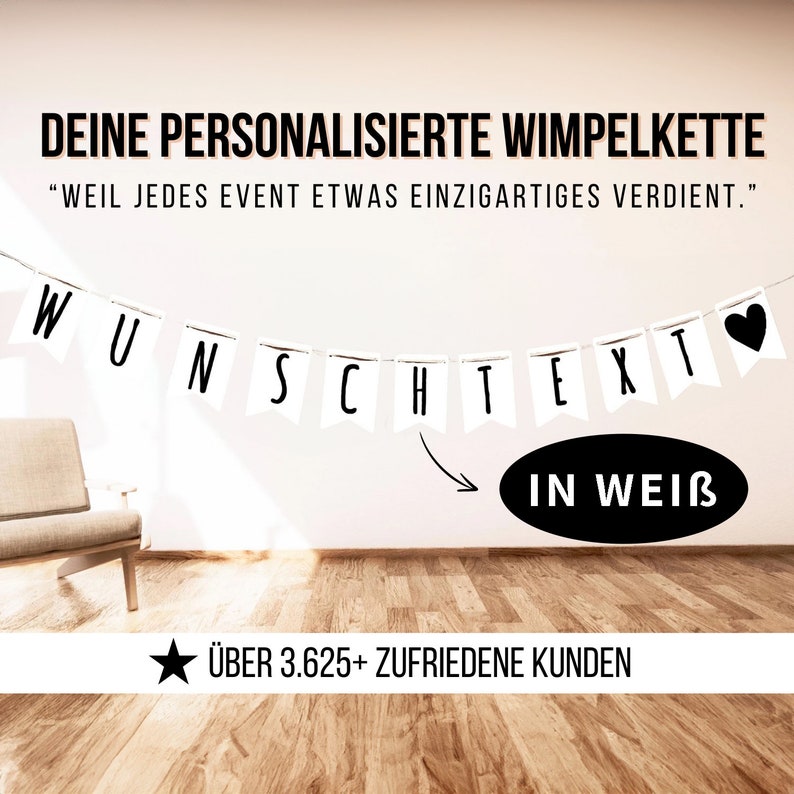 Wimpelkette personalisiert in Weiß, Girlande personalisiert mit Wunschtext Deko Party Girlande aus weißem Papier, Konfirmation Deko, Taufe Bild 1