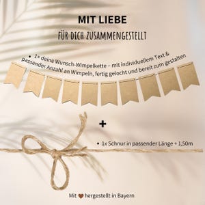 May include: A brown paper banner with flags for a party or celebration. The banner is made of brown paper and has a string for hanging. The banner is decorated with the text "MIT LIEBE F&Uuml;R DICH ZUSAMMENGESTELLT".